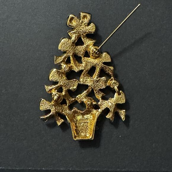Vintage Avon Christmas Tree Brooch Pin Gold Tone Bows Iridescent Rhinestones - Picture 7 of 8